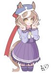  1girl absurdres animal_ears blush bow bowtie breasts brown_hair closed_mouth collarbone commentary_request double_v ears_through_headwear hair_ornament hairclip hanetsuki_777 hat highres horse_ears horse_girl horse_tail looking_at_viewer matikanetannhauser_(umamusume) medium_hair multicolored_hair newsboy_cap pleated_skirt purple_sailor_collar purple_serafuku purple_shirt purple_skirt purple_thighhighs sailor_collar sailor_shirt school_uniform serafuku shirt skirt smile solo streaked_hair tail thighhighs tracen_school_uniform umamusume v white_bow white_bowtie yellow_eyes 