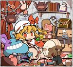  bat blonde_hair blood blush book bottle bow chain chair checkered checkered_floor doll fang flandre_scarlet hounori jason_voorhees jewelry mask red_eyes ribbon short_hair side_ponytail skirt smile solo touhou treasure_chest wings 