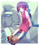  ashishun gundam gundam_age gundam_age-1 hair_ribbon light_smile looking_at_viewer mecha pink_ribbon purple_eyes purple_hair purple_skirt ribbon shoes sitting skirt yurin_leciel 