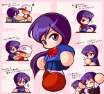  1boy 2girls amatsuki_isuzu amatsuki_sayaka asouuuu baseball_cap baseball_uniform black_vest blazer blue_eyes blue_jacket blue_skirt bow bowtie brown_shoes chair chibi closed_eyes commentary_request desk flying_sweatdrops hat jacket jikkyou_powerful_pro_yakyuu jikkyou_powerful_pro_yakyuu_(style) long_hair low_ponytail multicolored_shoes multiple_girls multiple_views no_mouth ponytail power_pro_kun power_pro_kun_pocket power_pro_kun_pocket_10 power_pro_kun_pocket_14 purple_hair rayman_limbs red_bow red_bowtie school_chair school_desk school_uniform shirt shoes sigh skirt smile sportswear squiggle translation_request two-tone_shoes vest white_shirt white_shoes x_x 