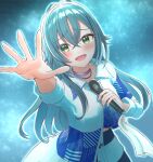  1girl antenna_hair blush coat commentary_request gakuen_idolmaster green_eyes green_hair hair_flaps highres holding holding_microphone idol_clothes idolmaster long_hair looking_at_viewer microphone multicolored_coat ponntatta reaching reaching_towards_viewer smile solo tsukimura_temari two-tone_coat very_long_hair 