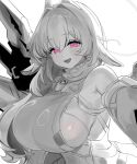  1girl absurdres bare_shoulders blush bonefire0909 breasts chaos_zero_nightmare commentary_request detached_sleeves hair_between_eyes highres horns korean_commentary large_breasts licking_lips long_hair looking_at_viewer mechanical_horns mechanical_wings mole mole_under_eye monochrome naughty_face purple_eyes sereniel_(chaos_zero_nightmare) sideboob sidelocks solo spot_color teeth tongue tongue_out very_long_hair wings 