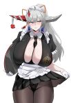  1girl absurdres asymmetrical_horns azur_lane between_breasts black_dress black_panties black_pantyhose blush breasts center_opening cleavage commentary_request dress earrings embarrassed gloves green_eyes grey_hair hakuryuu_(azur_lane) hakuryuu_(slice_dice_and_serve)_(azur_lane) half_gloves hci+ highres holding holding_tray horns huge_breasts jewelry lifting_own_clothes long_hair looking_to_the_side maid maid_headdress mismatched_horns mole mole_on_breast necktie necktie_between_breasts official_alternate_costume panties panties_under_pantyhose pantyhose red_horns revision short_sleeves simple_background solo tray underwear white_background white_gloves white_horns 