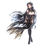  1girl arm_under_breasts artist_request black_dress black_gloves black_hair black_horns black_thighhighs breasts cleavage cleavage_cutout clothing_cutout commentary_request crossed_legs curled_horns demon_girl demon_horns dress elbow_gloves english_commentary fingernails floating_clothes floating_hair forehead_tattoo full_body garter_straps gem gloves gold_trim green_eyes green_gem green_horns hand_on_own_face high_heels highres horns king's_raid korean_commentary large_breasts long_hair mixed-language_commentary official_art pelvic_curtain pointy_ears red_pupils red_tattoo second-party_source shamilla sharp_fingernails simple_background sleeveless sleeveless_dress smile solo tattoo thighhighs very_long_hair white_background wind 