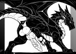 absurd_res anus azurian balls dragon feral flirting genitals hi_res knot knotted_penis looking_back male monochrome mythological_creature mythological_scalie mythology penis presenting raised_leg scalie solo