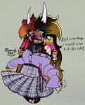 anthro bottomwear clothing colored costume digital_drawing_(artwork) digital_media_(artwork) english_text female hair hi_res horn long_hair multicolored_hair pattern_bottomwear pattern_clothing pattern_skirt plaid plaid_bottomwear plaid_clothing plaid_skirt ravyn_pain skirt solo standing sweater text topwear