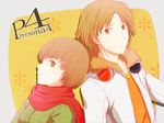  1girl arya_(tianhua) brown_eyes brown_hair copyright_name fur_trim hanamura_yousuke headphones headphones_around_neck jacket md5_mismatch persona persona_4 red_scarf satonaka_chie scarf short_hair smile upper_body 