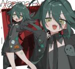  1girl ahoge bare_legs black_dress black_necktie character_name commission covered_navel dated detached_collar dress fang feet_out_of_frame flat_chest green_eyes green_hair hair_between_eyes hair_flaps hair_intakes halftone halloween hashtag-only_commentary highres jack-o'-lantern juliet_sleeves long_sleeves mumukyabi necktie open_mouth original puffy_sleeves ringed_eyes sharp_teeth sheet_ghost short_dress solo teeth twitter_username wide_sleeves 