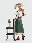  1girl animal_ears black_corset black_ribbon boots breasts brown_boots brown_hair chair closed_mouth commentary_request corset dated flower from_side full_body green_eyes green_skirt grey_background hair_flower hair_ornament hair_ribbon hand_on_chair high_collar highres limo_nine long_skirt long_sleeves looking_at_viewer medium_breasts neck_ribbon original pleated_skirt rabbit_ears rabbit_girl rabbit_tail red_flower ribbon shirt signature simple_background skirt solo standing tail underbust vase white_shirt 