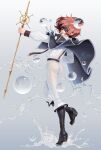  1boy 2025 artist_name ass bishounen black_boots black_cloak blindfold boots brown_hair brown_trim capri_pants casting_spell center_frills cloak commentary_request dated facing_back floating_clothes floating_hair frills from_behind full_body gold_trim gradient_background grin highres holding holding_staff invisible_floor kunon_gurion long_sleeves mage_staff magic majutsushi_kunon_wa_mieteiru male_focus medium_hair outstretched_arm pants po-ju refraction shirt sidelocks signature silver_trim smile solo splashing staff standing standing_on_one_leg water white_background white_pants white_shirt wizard 