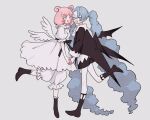  2girls :d absurdly_long_hair angel_wings belt_ribbon black_boots black_ribbon black_shorts black_tailcoat black_wings bloomers blue_eyes blue_hair bob_cut boots commentary_request demon_wings double_bun dress fan_request frilled_dress frills full_body grey_background hair_bun highres holding_hands limo_nine long_hair looking_at_viewer maru_(xxxholic) medium_hair moro_(xxxholic) multiple_girls odaibako open_mouth pink_eyes pink_hair ribbon shorts signature simple_background smile standing standing_on_one_leg tailcoat twintails very_long_hair white_bloomers white_dress white_wings wings xxxholic 