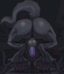 anthro anus ass_up balls bent_over big_butt black_body butt canid canine claws crouching digital_media_(artwork) faceless_character faceless_male feet foot_focus fur genitals hair hi_res looking_back male mammal night nude outside penis puffy_anus saggy_balls simple_background solo tail toes welcome_mat xdarkspace