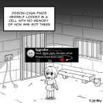  1girl bench bob_cut bucket commentary english_commentary flying_sweatdrops highres open_mouth original pointy_ears prison prison_cell rags sandals solo standing the-eggroller twitter 