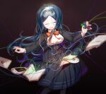  1girl black_jacket blue_hair book bow bowtie breasts cd closed_eyes collared_jacket collared_shirt commentary danganronpa_(series) danganronpa_v3:_killing_harmony dark_background disc glasses handheld_game_console hiragi_rin holding holding_needle jacket letter long_hair long_sleeves needle open_book open_mouth orange_bow orange_bowtie parted_bangs playstation_portable pleated_skirt round_eyewear school_uniform sewing_needle shirogane_tsumugi shirt skirt smile string thread very_long_hair white_shirt 