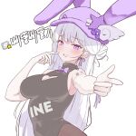  1girl animal_ear_headwear animal_ears animal_hat black_leotard blush breasts cleavage cleavage_cutout clothing_cutout commentary double-parted_bangs elbow_gloves fake_animal_ears gloves hat heart_cutout highres ine_(vtuber) korean_commentary large_breasts leotard long_hair looking_at_viewer pointing pointing_at_viewer purple_eyes purple_hat rabbit_ears rapid17 simple_background smile solo translation_request upper_body virtual_youtuber waktaverse white_background white_gloves white_hair 