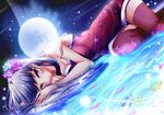  blush dutch_angle floating flower full_moon hair_flower hair_ornament idolmaster idolmaster_(classic) light_particles long_hair lying moon natsu_(anta_tte_hitoha) on_side red_eyes shijou_takane silver_hair smile solo thighhighs 