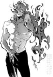  1boy 4_virgin arm_hair cowboy_shot fiery_hair greyscale hand_in_pants highres idia_shroud long_hair looking_at_viewer male_focus monochrome simple_background solo toned toned_male topless_male twisted_wonderland very_long_hair white_background 