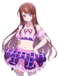  1girl aikatsu! aikatsu!_(series) arm_at_side bare_shoulders brown_hair commentary_request confident cowboy_shot cropped_shirt detached_sleeves dolldolldd frilled_shirt frilled_skirt frilled_sleeves frills hand_on_own_hip highres idol idol_clothes korean_commentary layered_skirt light_blush long_hair looking_at_viewer midriff navel pink_shirt pink_skirt pink_sleeves plaid_clothes plaid_skirt puffy_short_sleeves puffy_sleeves purple_eyes purple_skirt shibuki_ran shirt short_sleeves skirt sleeveless sleeveless_shirt smile solo standing straight-on straight_hair thighhighs two-tone_skirt white_background white_thighhighs 
