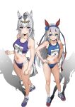  2girls :d absurdres alternate_costume animal_ears blue_buruma blue_eyes blue_hairband blue_shoes blue_sports_bra breasts buruma closed_mouth double-parted_bangs ear_covers full_body grey_hair grey_tail grin hair_between_eyes hairband hands_on_own_hips highres horse_ears horse_girl horse_tail long_hair looking_at_viewer medium_breasts multiple_girls navel oguri_cap_(umamusume) ponytail raikkonen shadow shoes simple_background small_breasts smile sneakers socks sports_bikini sports_bra standing stomach tail tamamo_cross_(umamusume) track_uniform umamusume umamusume:_cinderella_gray very_long_hair white_background white_socks 