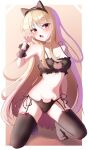  1girl absurdres alternate_costume animal_ear_hairband animal_ears ass_visible_through_thighs black_bra black_panties black_thighhighs black_wrist_cuffs blonde_hair blush bra breasts cameltoe cat_cutout cat_ear_hairband cat_ear_panties cat_ears cat_lingerie cleavage cleavage_cutout clothing_cutout collarbone commentary english_commentary fake_animal_ears fang frilled_bra frills full_body garter_straps gradient_background groin hairband hand_up highres kouu_(pixiv52748032) long_hair looking_at_viewer medium_breasts orange_background orange_eyes panties paw_pose sakura-sou_no_pet_na_kanojo shiina_mashiro side-tie_panties skin_fang solo squatting string_bra string_panties thighhighs two-tone_background underwear very_long_hair white_background wrist_cuffs 