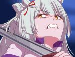  1girl anikinoihai893 animal_ears aura_kill_yourself_(meme) clenched_teeth commentary_request crying ear_ribbon folded_hair folded_ponytail fujimasa_march_(umamusume) grey_hair holding holding_sword holding_weapon horse_ears horse_girl imminent_suicide jacket kasamatsu_tracen_training_uniform long_hair long_sleeves meme multicolored_jacket open_mouth parody scene_reference solo sousou_no_frieren suicide sword tears teeth track_jacket umamusume umamusume:_cinderella_gray weapon yellow_eyes 