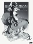  1boy :d absurdres animal_ears ass barefoot black_sclera colored_sclera furry furry_male greyscale heart heart_tattoo highres horns monochrome on_one_knee original pita-potato shirt short_sleeves smile solo tail tattoo teeth trap upper_teeth_only 