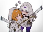  2girls bow chain hair_bow hands_in_pockets highres hood hooded_jacket ishmael_(project_moon) jacket kira_(project_moon) limbus_company looking_at_viewer middle_(identity)_(project_moon) misg1111 multiple_girls open_mouth orange_hair pants project_moon purple_bow purple_pants sharp_teeth simple_background smile spoken_squiggle squiggle sword sword_on_back teeth weapon weapon_on_back white_background white_hair white_jacket 