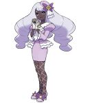  1girl :d artist_request ascot dark-skinned_female dark_skin dress fascinator fishnet_pantyhose fishnets frilled_ascot frills glove_bow hands_up high_heels highres holding holding_poke_ball jacinthe_(pokemon) juliet_sleeves long_sleeves looking_at_viewer low_drills luxury_ball mega_stone official_art open_mouth pantyhose poke_ball pokemon pokemon_legends:_z-a puffy_sleeves purple_dress purple_hair smile solo third-party_source transparent_background yellow_eyes 