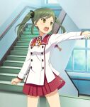  1girl :o breasts buttons clenched_hand cowboy_shot double-breasted game_cg green_eyes green_hair holding indoors legs_apart long_sleeves medium_hair minoseki_academy_school_uniform nagae_futaba official_art open_mouth outstretched_arm red_sailor_collar red_skirt ribbon sailor_collar school_uniform shirt sidelocks skirt small_breasts solo stairs stairwell teeth third-party_source toji_no_miko toji_no_miko:_kizamishi_issen_no_tomoshibi twintails upper_teeth_only white_shirt window yellow_ribbon 