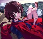  1girl brown_hair geta grey_eyes hair_between_eyes japanese_clothes kimono kurame kusari_hime:_euthanasia long_hair looking_at_viewer low_twintails nobita_(makoto7060355) obi oekaki parted_lips red_kimono red_pupils sash sitting slit_pupils solo thighs twintails 