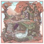  1girl 3boys :d animal apron backpack bag barrel bear bird bridge brown_pants chigu closed_eyes closed_mouth commentary_request cooking_pot day dog green_apron green_shoes highres holding holding_cooking_pot house ladder multiple_boys open_mouth original outdoors pants rabbit scenery shoes sitting smile speech_bubble spoken_expression squirrel stairs standing tree tree_stump water 