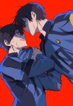  2boys adam's_apple black_hair blue_eyes blue_lock clothes_grab collar_grab commentary_request eye_contact highres isagi_yoichi itoshi_rin looking_at_another male_focus multiple_boys neckwear_grab open_mouth red_background short_hair simple_background sweat toramaru_(696anna) upper_body 