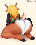 absurd_res anthro antlers big_butt black_hooves blonde_hair blunarts bottomwear brown_antlers brown_body brown_fur butt camel_toe clothed clothing deer deltarune female fur hair hi_res hooves horn kneeling mammal multicolored_body multicolored_fur noelle_holiday panties shirt simple_background skirt solo tail tail_under_skirt tan_background topwear undertale_(series) underwear