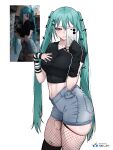  1girl absurdres aqua_eyes aqua_hair ass black_nails black_shirt blue_shorts commentary denim denim_shorts english_commentary fishnets hatsune_miku highres long_hair mirror_selfie nail_polish navel nisp_art photo-referenced photo_inset reference_inset selfie shirt shorts simple_background solo thighs twintails vocaloid white_background 