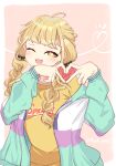  1girl ;d absurdres ahoge blonde_hair blush braid commentary_request four-finger_heart_hands fujita_kotone gakuen_idolmaster heart heart_hands highres idolmaster jacket long_hair long_sleeves multicolored_jacket noshang_(tekd8475) one_eye_closed open_clothes open_jacket shirt smile solo twin_braids twitter_username upper_body yellow_eyes yellow_shirt 