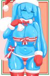  1girl absurdres bikini blue_eyes blue_skin blush bow breasts christmas colored_skin commentary_request fur-trimmed_headwear fur-trimmed_mittens fur-trimmed_thighhighs fur_trim hair_between_eyes hat highres hikyou_takarasou holding holding_sack large_breasts liquid_hair long_hair looking_to_the_side medium_breasts mittens monster_girl original parted_lips red_bow red_hat red_mittens red_thighhighs sack santa_costume santa_hat slime_(creature) slime_(substance) slime_girl standing swimsuit thighhighs 