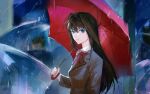  1girl absurdres aozaki_aoko blue_eyes bow bowtie brown_coat brown_hair coat commentary highres long_hair looking_at_viewer looking_to_the_side mahou_tsukai_no_yoru pppeipeipipi rain red_bow red_bowtie red_umbrella symbol-only_commentary type-moon umbrella 