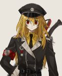  1boy anonymous1203 armband belt black_belt black_hat black_jacket black_necktie blonde_hair censored_symbol chinese_commentary closed_mouth collared_shirt commentary_request cosplay cross empty_eyes epic_battle_fantasy expressionless hand_on_own_hip hat highres iron_cross jacket lance_(epic_battle_fantasy) lance_(epic_battle_fantasy)_(cosplay) long_hair long_sleeves looking_at_viewer male_focus matt_(epic_battle_fantasy) military_dress_uniform military_uniform nazi necktie red_armband red_eyes shirt simple_background solo straight-on totenkopf upper_body weapon weapon_on_back white_background yellow_shirt 