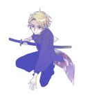  1boy absurdres black_shirt blonde_hair blue_pants buttons chinese_commentary closed_mouth collared_shirt commentary_request full_body hanaseto haori highres holding holding_sword holding_weapon horobi_(kamen_rider_01) japanese_clothes kamen_rider kamen_rider_01_(series) katana long_sleeves male_focus on_one_knee pants purple_haori red_eyes sanpaku shaded_face shirt simple_background solo sword variant_set weapon white_background 