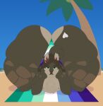 2025 3_fingers anthro areola arm_support artist_name bangs beach bent_legs big_butt blue_clothing blue_sky blue_thong blue_towel blue_underwear brown_body brown_fur brown_hair brown_tail butt butt_markings chest_tuft clear_sky closed_smile clothed clothed_anthro clothed_male clothing colored digital_drawing_(artwork) digital_media_(artwork) english_description eyebrow_through_hair eyebrows fingers fluffy fluffy_tail fur green_eyes hair heart_(marking) hi_res huge_butt huge_thighs hyper hyper_butt kangaroo leaning_on_elbow lgbt_pride light lighting long_hair looking_at_viewer lying lying_on_towel lyratrchubby macropod male male_anthro mammal markings marsupial mouth_closed multicolored_body multicolored_clothing multicolored_fur multicolored_thong multicolored_underwear nipples on_front palm_tree plant pride_color_thong pride_color_towel pride_colors sea shaded sky smile smiling_at_viewer solo tail tan_areola tan_body tan_fur tan_nipples text thick_thighs thin_eyebrows thong topless topless_anthro topless_male towel translucent translucent_hair tree tuft underwear vincian_pride_colors water white_markings wide_hipped_anthro wide_hipped_male wide_hips