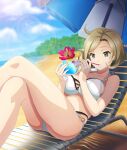  1girl beach beach_umbrella bikini black_bikini blonde_hair blue_sky breasts chair cleavage cloud collarbone crossed_legs cup day drinking_glass drinking_straw drinking_straw_in_mouth dutch_angle feet_out_of_frame flower flower_in_drink food fruit game_cg green_eyes halterneck hibiscus holding holding_cup large_breasts layered_bikini lemon lemon_slice lens_flare looking_at_viewer lounge_chair mole mole_under_mouth o-ring o-ring_bikini ocean official_art on_chair outdoors palm_tree parted_lips pink_flower puckered_lips reclining short_hair sky smile solo swimsuit tanaka_taeko third-party_source toji_no_miko toji_no_miko:_kizamishi_issen_no_tomoshibi tree umbrella under_umbrella white_bikini 