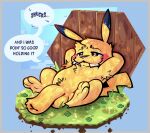 3_toes accident animal_genitalia armpit_hair balls big_sheath big_teeth bodily_fluids body_hair brown_eyes buckteeth chest_tuft cloud covered_in_urine dialogue dirt emanata english_text excessive_urine eyebrows facial_markings fan_character feet floppy_penis fur game_freak generation_1_pokemon genital_fluids genitals glistening glistening_body grass half-closed_eyes hands_behind_head head_markings head_tuft hi_res huge_sheath hyper hyper_genitalia hyper_sheath leaning_on_wall long_sheath lounging lying lying_on_ground male mammal markings narrowed_eyes nintendo nude on_back on_ground outside paws penis pikachu plant pokemon pokemon_(species) pubes public public_nudity raised_arms raised_eyebrows relaxing rock rodent shameless sheath sheriff_macaroni signature sky slightly_chubby smile snaggle_teeth solo speech_bubble spooky_dune teeth text toes tooth_gap tuft two_tone_paws urine urine_drip urine_on_arm urine_on_balls urine_on_belly urine_on_chest urine_on_ear urine_on_face urine_on_fur urine_on_ground urine_on_leg urine_on_paw urine_on_penis urine_on_self urine_on_tail urine_on_wall urine_pool wall_(structure) wood wood_wall yellow_body yellow_fur