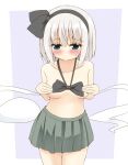  1girl black_bow black_bowtie black_hairband blue_eyes blush bow bowtie breasts closed_mouth collarbone commentary_request covering_nipples covering_privates cowboy_shot embarrassed green_skirt grey_hair hairband hitodama konpaku_youmu konpaku_youmu_(ghost) loose_bowtie medium_breasts medium_hair pleated_skirt shishiky skirt solo sweatdrop topless_female touhou 