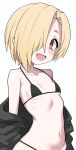  1girl alternate_costume arms_behind_back bags_under_eyes bare_shoulders bikini black_bikini black_jacket blonde_hair breasts commentary earclip fang hair_over_one_eye halulu highres idolmaster idolmaster_cinderella_girls jacket looking_at_viewer navel one_eye_covered open_clothes open_jacket open_mouth red_eyes shirasaka_koume short_hair simple_background small_breasts smile solo swimsuit symbol-only_commentary tareme upper_body white_background 