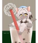  1girl alternate_costume animal_ears animal_hands bikini black_bikini blue_hat blush breasts brown_hair bubble_tea cat_busters cat_ears cat_girl cleavage commentary_request cup debu_nezu drink furry furry_female hat in_container in_cup looking_at_viewer medium_breasts mini_person minigirl open_mouth pawpads praline_(cat_busters) sailor_hat short_hair solo swimsuit tail two_side_up yellow_eyes 