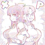  2girls ahoge back-to-back bare_shoulders breasts chromatic_aberration closed_mouth commentary_request detached_sleeves glasses grin hair_ornament highres homeko imuhata_shimuro jacket large_breasts letter_hair_ornament locked_arms long_hair long_sleeves multiple_girls os-tan smile split_mouth teeth track_jacket xp-tan zipper_pull_tab 