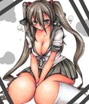  1girl breasts brown_eyes brown_hair cleavage female footwear large_breasts long_hair naoyama_masaru on_ground school_uniform shirt sitting skirt socks solo thick_thighs thighs traditional_media twintails 