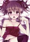  bed bow brown_hair camisole chestnut_mouth copyright_request hair_bow hair_ribbon matsui_hiroaki open_mouth purple_eyes ribbon saliva sweat thighhighs twintails 
