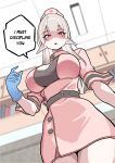  1girl absurdres belt belt_buckle black_belt blue_gloves blurry blurry_background breasts bright_pupils buckle commentary cowboy_shot double-parted_bangs dress elf english_commentary english_text from_below gloves grey_hair hand_up highres indoors large_breasts long_hair looking_at_viewer mirui09 nurse open_mouth original pink_dress pointy_ears red_eyes shaded_face short_sleeves solo speech_bubble talking white_pupils 