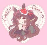 1girl animal_ears black_dress blush breasts brown_hair closed_eyes closed_mouth commentary_request cropped_torso dress ear_covers ear_ornament gentildonna_(umamusume) gold_choker hair_between_eyes hair_ornament heart heart-shaped_ornament heart_ear_ornament highres horse_ears horse_girl long_hair long_sleeves murangee smile solo umamusume 